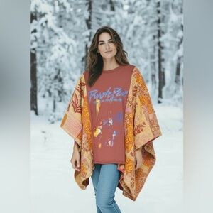 PRINCE BAND T Poncho Kantha w Pockets Handmade One Of a Kind Upcycled Boho